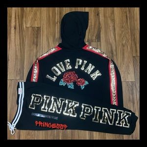 PINK VS 2017 FASHION SHOW BLING ROSES HOODIE AND JOGGERS SET